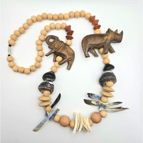 Hand Carved Wood Animal Bead Tribal Necklace Shell & Natural Beads‎ Safari 26” - Picture 1 of 5